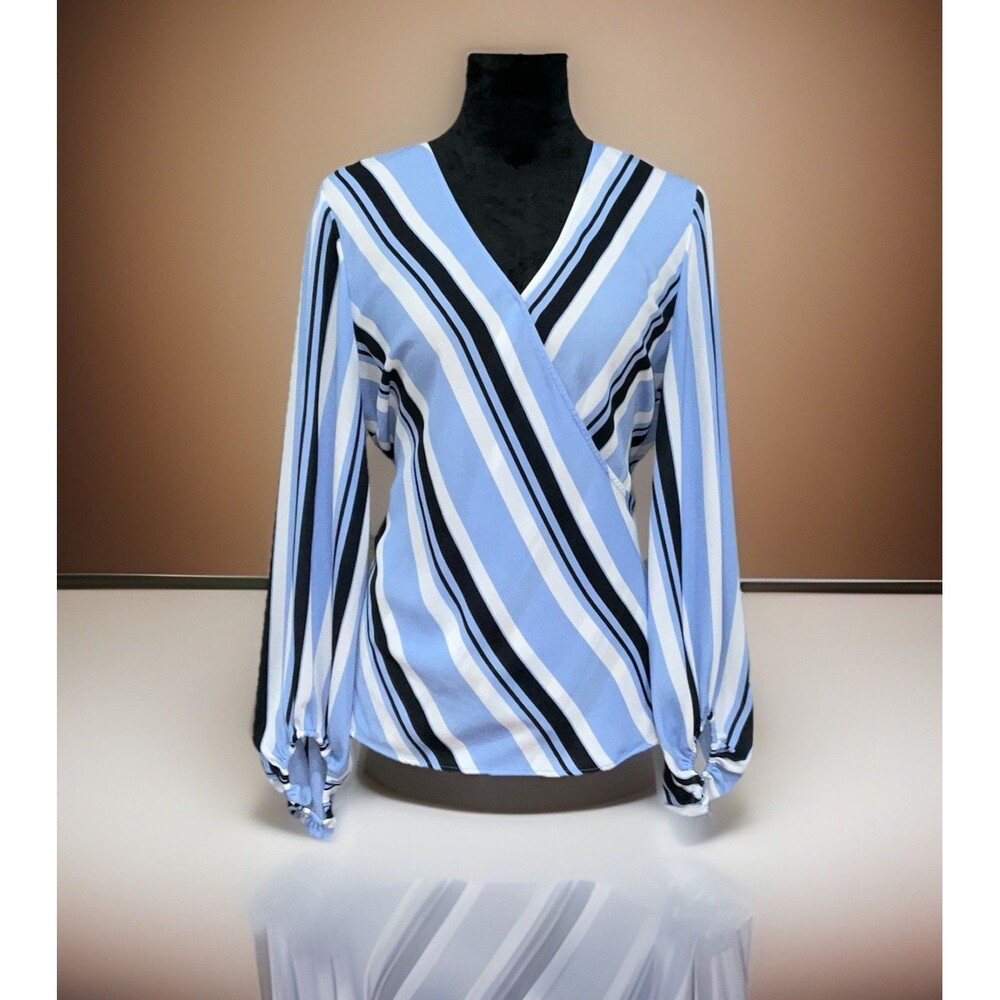 INC Women's Blue Striped V-Neck Belted Blouse Size L